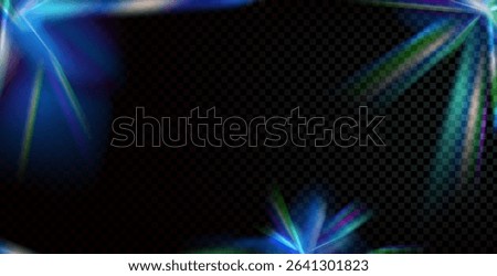 Abstract prism light leaks texture background. Refraction blue and green burn effect. Caustic overlay frame. Blurry bright gradient. Iridescent laser beam stripes. Vector decoration.