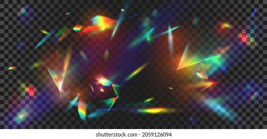 Abstract Prism Light Reflection With Rainbow Flare Background. Crystal Sparkle Burst, Diamond Refraction Rays. Iridescent Glow Vector Effect. Colorful Rays With Blur And Bright Sparkles