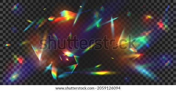 Abstract prism light reflection with rainbow\
flare background. Crystal sparkle burst, diamond refraction rays.\
Iridescent glow vector effect. Colorful rays with blur and bright\
sparkles