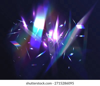 Abstract prismatic crystal light flares and neon reflections creating futuristic sparkle effect with glowing shards on dark background.