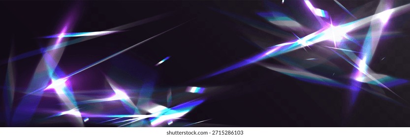 Abstrakte prismatische Kristalllichtfackeln und Neonreflektionen schaffen einen futuristischen Funkeleffekt mit leuchtenden Scherben auf dunklem Hintergrund.