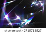 Abstract prismatic light flares with crystal shards and neon reflections creating futuristic sparkle effect on dark background.