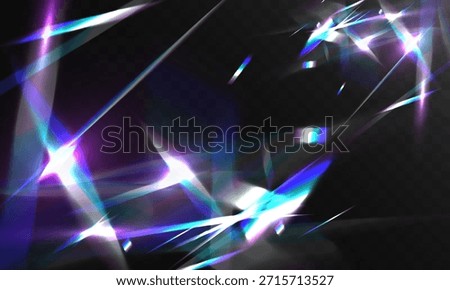 Abstract prismatic light flares with crystal shards and neon reflections creating futuristic sparkle effect on dark background.