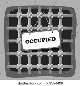 Abstract prison steel grating in the prison wall. Cartoon style. Vector illustration of Vintage iron lattice with the inscription OCCUPIED.