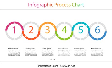 Abstract process infographic template chart and timeline design with progressive numbering steps. Colorful vector illustration. White background with text boxes.