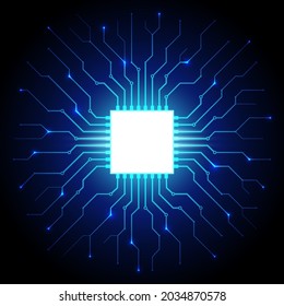 Abstract processor, computer digital chip, printed circuit board. Artificial intelligence. Dark blue technology background, template, design element for web banner, poster. Vector cyber graphics