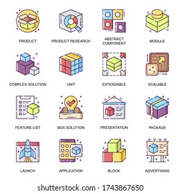 Abstract Product Flat Icons Set. Product Research, Component And Module, Extensible And Scalable System, Advertising And Presentation Line Pictograms For Mobile App. Complex Solution Vector Icon Pack.