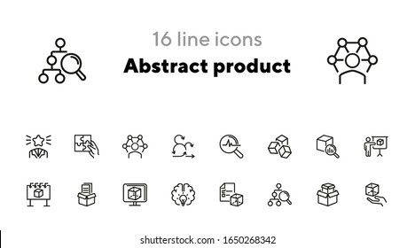 Conjunto de iconos de línea de producto resumido. Estructura de datos, buena idea, solución compleja. Concepto de negocio. Se puede utilizar para temas como promoción de productos, marketing, producción