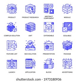 Abstract Product web flat line icons set. Pack outline pictogram of research, complex solution, package, advertising presentation concept. Vector illustration of symbols for website mobile app design
