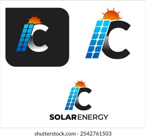 abstract professional C letter solar energy logo with solar plate and sun , solar panel and renewable energy logo
