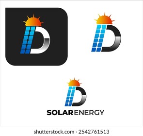 abstrato profissional D letra logotipo da energia solar com placa solar e sol , painel solar e logotipo da energia renovável