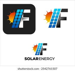 abstrakte professionelle F-Buchstaben-Solar-Energie-Logo mit Solarplatte und Sonne , Solarpanel und erneuerbare Energie-Logo