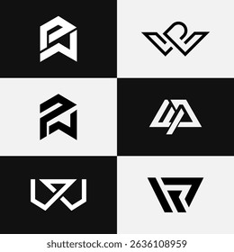 Abstract professional logo design set featuring letters WP and PW for stock market and finance brands. Modern, clean.