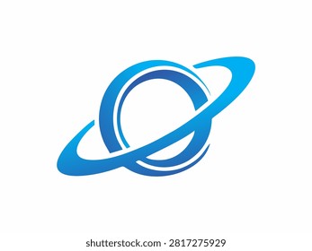 An abstract, professional logo illustration featuring a stylized blue gradient planet shape encircled by dynamic swirling orbital rings, set against a plain white backdrop.