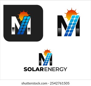 Logotipo profesional abstracto de la energía solar de la letra de M con la placa solar y el sol, el panel solar y el logotipo de la energía renovable