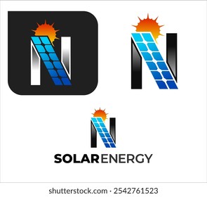 abstract professional N letter solar energy logo with solar plate and sun , solar panel and renewable energy logo