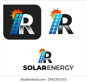 abstract professional R letter solar energy logo with solar plate and sun , solar panel and renewable energy logo