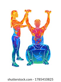 Abstract professional rehabilitation physiotherapy worker with senior patient from splash of watercolors. Vector illustration of paints
