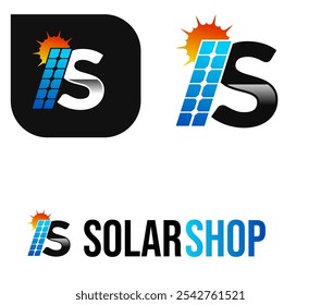 abstrato profissional S letra logotipo da energia solar com placa solar e sol , painel solar e logotipo da energia renovável