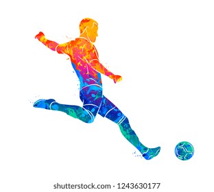 Abstract professional soccer player quick shooting a ball from splash of watercolors. Vector illustration of paints