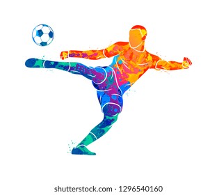 Abstract professional soccer player quick shooting a ball from splash of watercolors. Vector illustration of paints