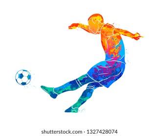 Abstract professional soccer player quick shooting a ball from splash of watercolors. Vector illustration of paints