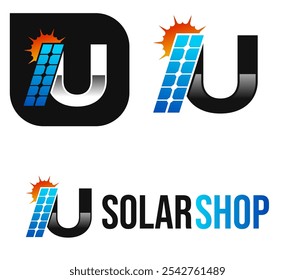 abstrakte professionelle U-Buchstabe Solar-Energie-Logo mit Solarplatte und Sonne , Solarpanel und erneuerbare Energie-Logo