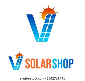 abstract professional V letter solar energy logo with solar plate and sun , solar panel and renewable energy logo