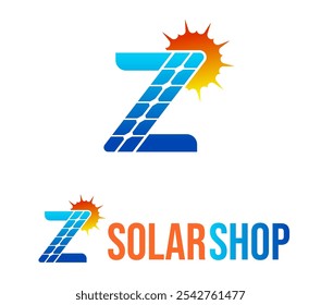 Logotipo profesional abstracto de la energía solar de la letra Z con la placa solar y el sol, el panel solar y el logotipo de la energía renovable