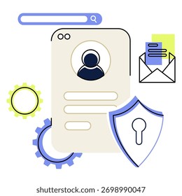 Placa de perfil abstrata com barra de pesquisa, engrenagens, envelope e blindagem