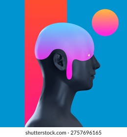 Abstract profile of dark human head with melting purple liquid top on geometric blue and red background. Vivid fashion surreal art.