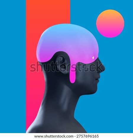 Abstract profile of dark human head with melting purple liquid top on geometric blue and red background. Vivid fashion surreal art.
