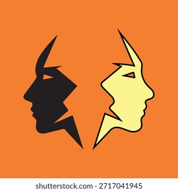 Los rostros de perfil Abstractas que se enfrentan en direcciones opuestas simbolizan la dualidad, el conflicto y la Ilustración vectorial de personalidad dividida.