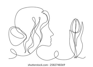 Abstract profile of a girl and a tulip, continuous one line drawing, minimalist design, isolated on a white background. Editable line. Vector
