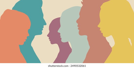 Abstract profile silhouette of multicultural people. Mental development of child and teenager, family environment, racial equality