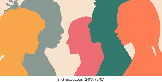 Abstract profile silhouette of multicultural people group. Mental development of child and teenager, racial equality, tolerance, discrimination concept