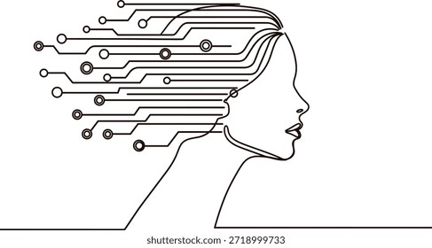 Abstract profile of a woman's head with circuit board lines emanating from brain.