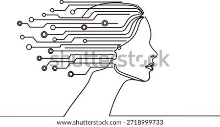 Abstract profile of a woman's head with circuit board lines emanating from brain.