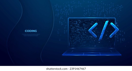 Abstract programming code icon on a laptop screen in light blue low poly futuristic style on technology background. Program and software development. Digital web code. Polygonal vector illustration.