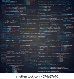 Abstract programming code screen. Different parts of algorithms of software developer. Vector background