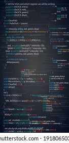 Abstract programming code screen, vertical layout. Different parts of algorithms of software developer. Vector black background