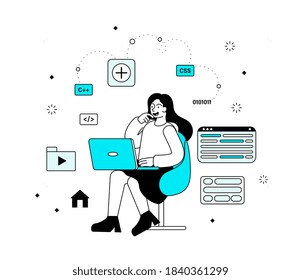 Abstract programming concept with a young inspired female programmer working on laptop. Flat minimal style outline vector illustration with fictional character.