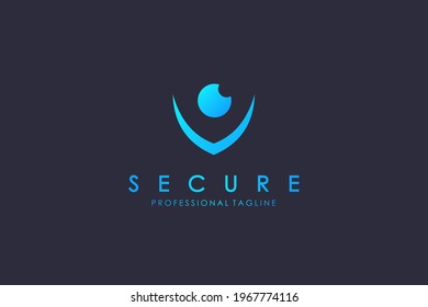 Abstract Protection Logo. Blue Shield Linear Geometric Arrow Shape with Eyeball isolated on Blue Background. Usable for Business and Technology Logos. Flat Vector Logo Design Template Element.