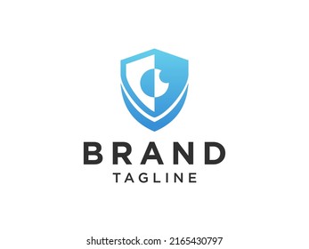 Logotipo de protección abstracta. Forma de flecha geométrica lineal Blue Shield con Eyeball aislado en fondo blanco. Usable para Logos de Negocios y Tecnología. Elemento de plantilla de diseño de logotipo de vectores planos.
