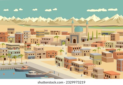 Resumen de pseudoisométrico panorama 3D de las hermosas vistas de la costa de la ciudad de Medio Oriente en verano. Plantilla colorida para banner, tarjeta, afiche