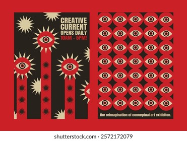 Abstract psychedelic art poster with red and black eye patterns. Creative design with conceptual art theme. Bold colors and eye motifs poster. Psychedelic retro poster template vectors.