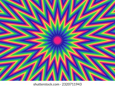 abstract psychedelic background. Burst motion trippy pattern. Rainbow groovy hippie background. Vector illustration