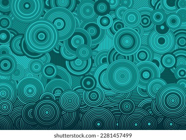 Abstract psychedelic background with circles and lines of various widths in retro optical illusion style.