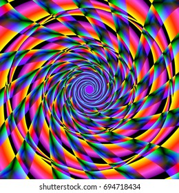 abstract psychedelic background with colorful and iridescent rotating shapes. vector illustration