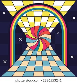Abstract Psychedelic Background Decorative Templates Blue And Yellow Colors. Spiral Wheel and chessboards
